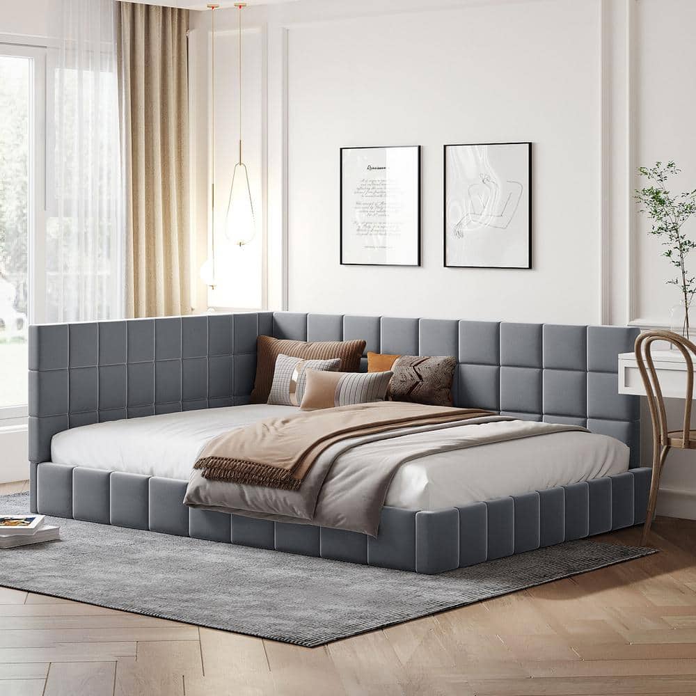 Harper & Bright Designs Gray Full Size Wood Frame Velvet Upholstered ...