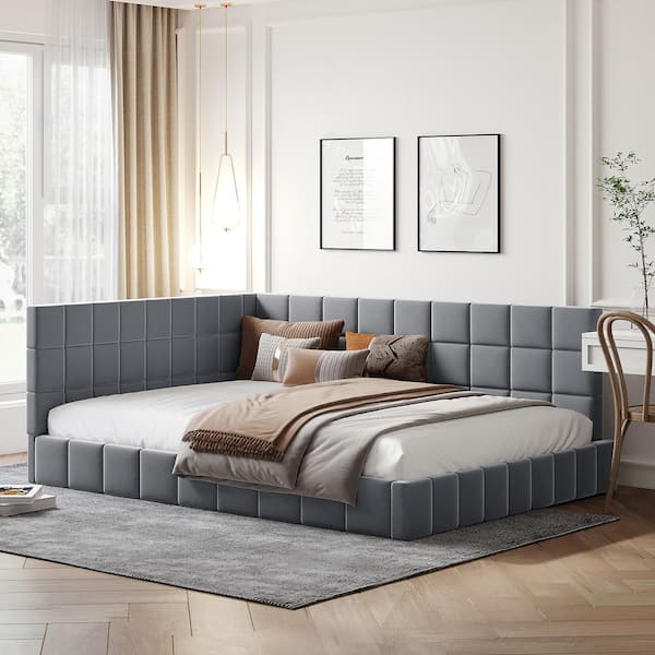 Harper & Bright Designs Gray Full Size Wood Frame Velvet Upholstered Daybed