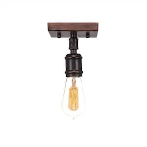 Wensley 4.75 in. 1-Light Wood-Look Metal & Brown Industrial Semi-Flush Mount with Amber Antique Bulb No Bulb Included