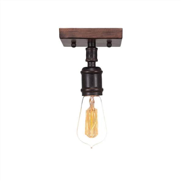 Unbranded Wensley 4.75 in. 1-Light Wood-Look Metal & Brown Industrial Semi-Flush Mount with Amber Antique Bulb No Bulb Included