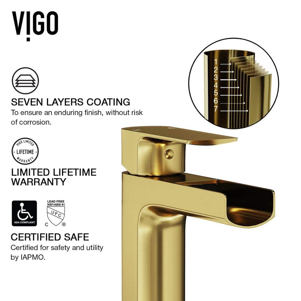 Amada Matte Brushed Gold Waterfall Vessel Sink Faucet