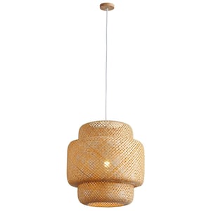 1-Light Natural Material Bamboo Cylinder Pendant Lighting with Woven Rattan Shade