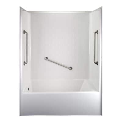 Classic 60 in. x 33 in. x 81 in. 1-Piece Subway Tile Bath and Shower Kit with Left Drain in Biscuit and 3 Grab Bars