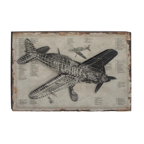 Litton Lane 31 in. x 47 in. White Wood Industrial Airplane Wall Decor