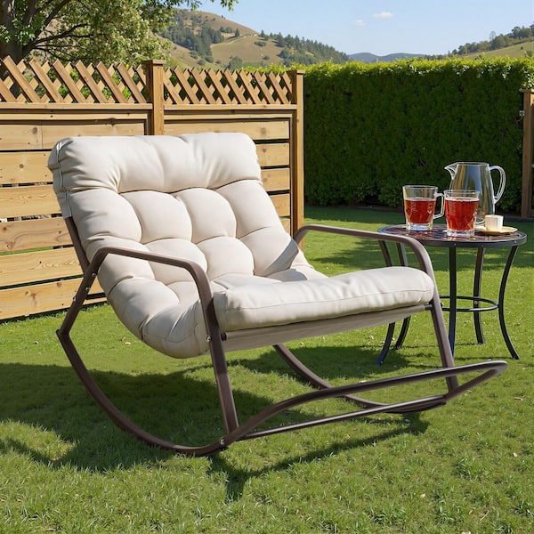 Unbranded Oversized Metal Rocking Chair Outdoor Lounge Chair with Beige Cushion for Patio, Garden and Balcony