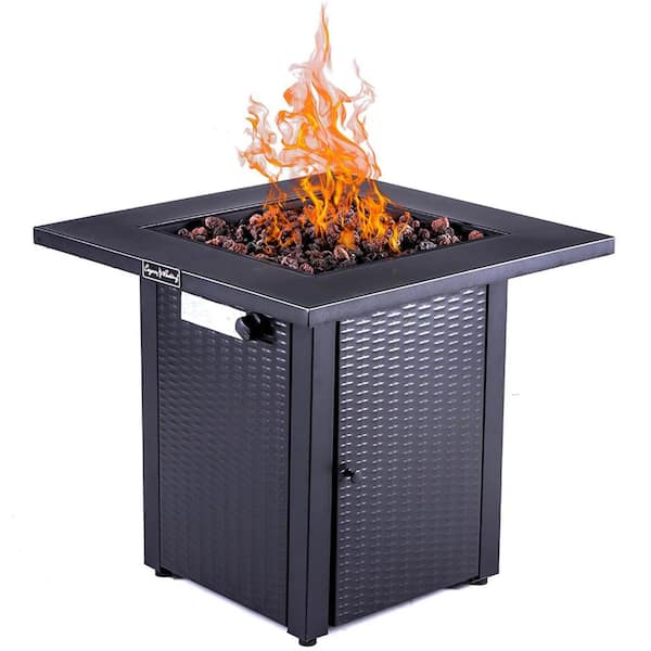 Unbranded 28 in Wicker-Look Propane Fire Pits Table, 50000 BTU Gas Outdoor Firepit Fireplace Dinning Tables with Lid, Lava Stone