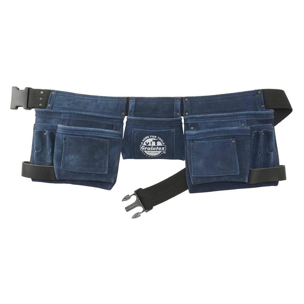 Graintex 11-Pocket Suede Leather Navy Blue Tool Apron with 2 Hammer Loops
