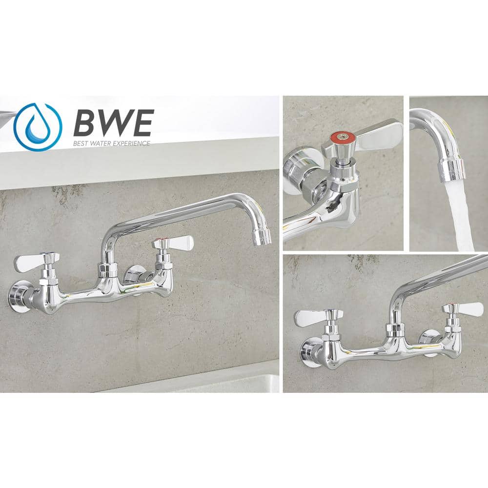 Polished Chrome Double Handle Wall Mount Kitchen Faucet with 12 Inch Swivel Spout