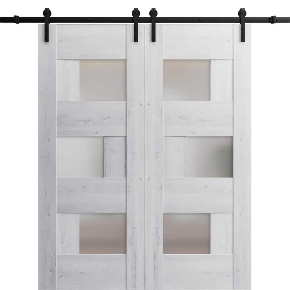 Assemble Required 18 in. x 80 in. 2 Panel Frosted Glass Nordic White Solid Wood Sliding Barn Door with Hardware Kit price history on PriceWatchPro