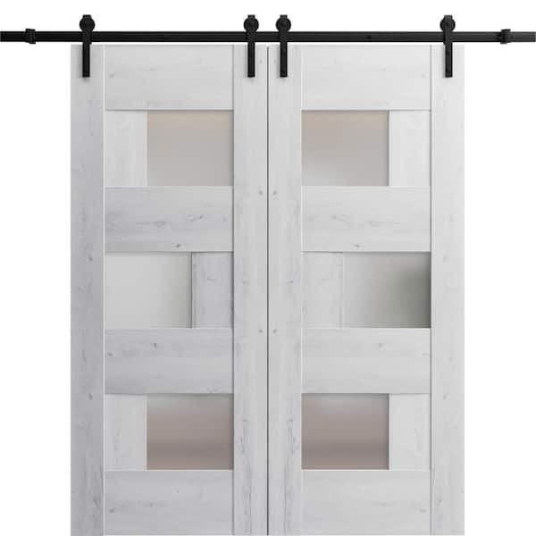 VDOMDOORS 36 in. x 80 in. 2 Panel Frosted Glass Nordic White Solid MDF Sliding Barn Door with Hardware Kit