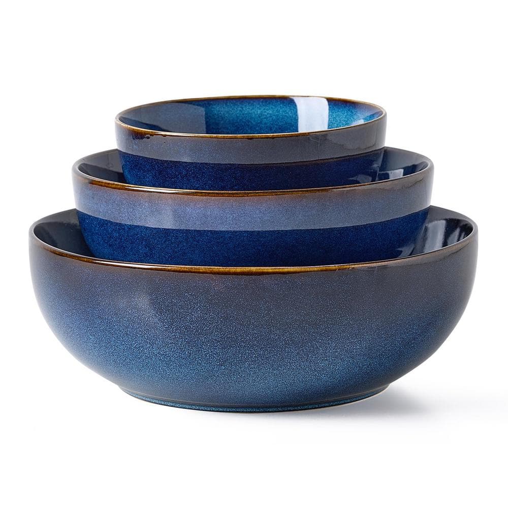 106 fl. oz. Blue Ceramic Bowls 24/53/106 oz (Set of 3) Dishwasher and Micro