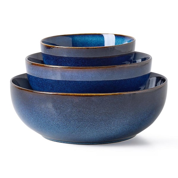 Unbranded 106 fl. oz. Blue Ceramic Bowls 24/53/106 oz (Set of 3) Dishwasher and Microwave Safe