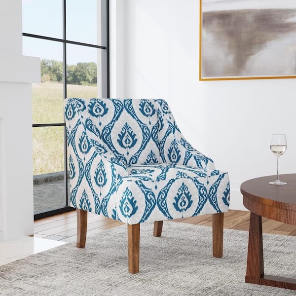 Homepop Classic Swoop Blue Ikat Medallion Print Fabric Upholstery Arm Chair