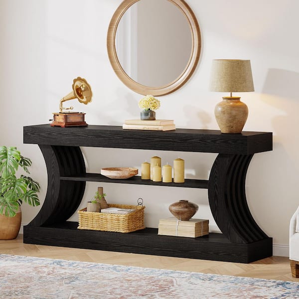 Turrella 70.87 in. Black Rectangle Wood 3-Tier Entryway Console Table Couch Table Behind Sofa with Storage for Hallway