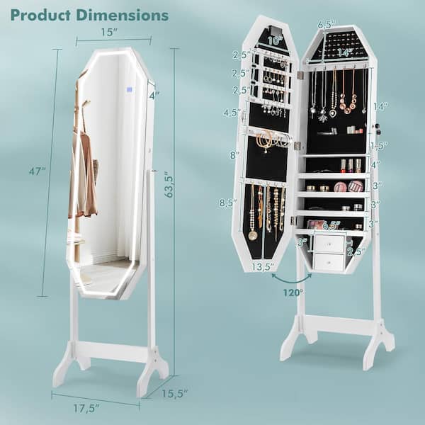 Costway White Wood LED Mirror Jewelry Cabinet Organizer 16 in. Jewelry  Armoire Standing with Built-in 3 Color Light JV11196US-WH - The Home Depot