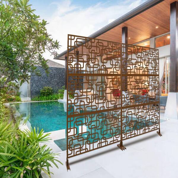 76 in. Brown Freestanding Steel Privacy Screen, Privacy Fence
