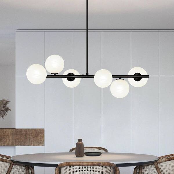 6-Light Black Dimmable Chandelier With White Glass Globes - Adjustable Cord, Remote/APP Control, Warm To Cool White - For Kitchen Island & Dining Room