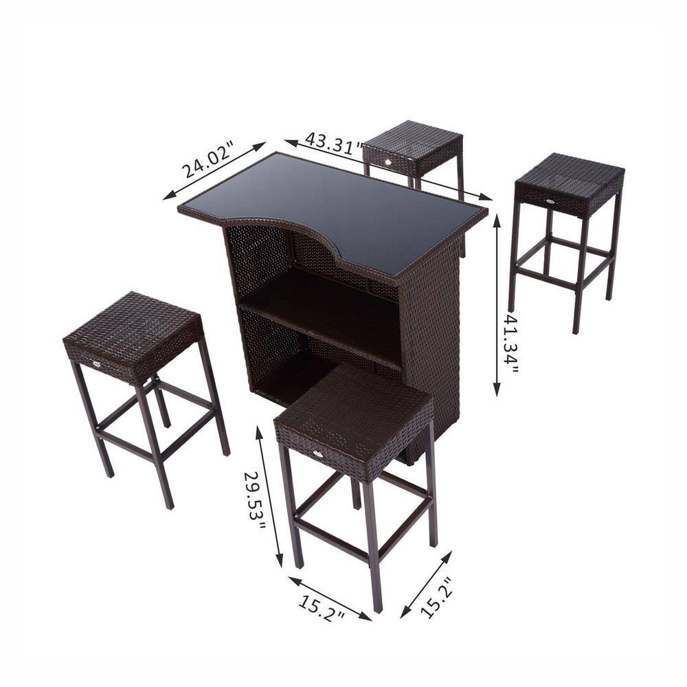 Brown Rattan Wicker Bar Set with Glass Top Table and 4 Stools