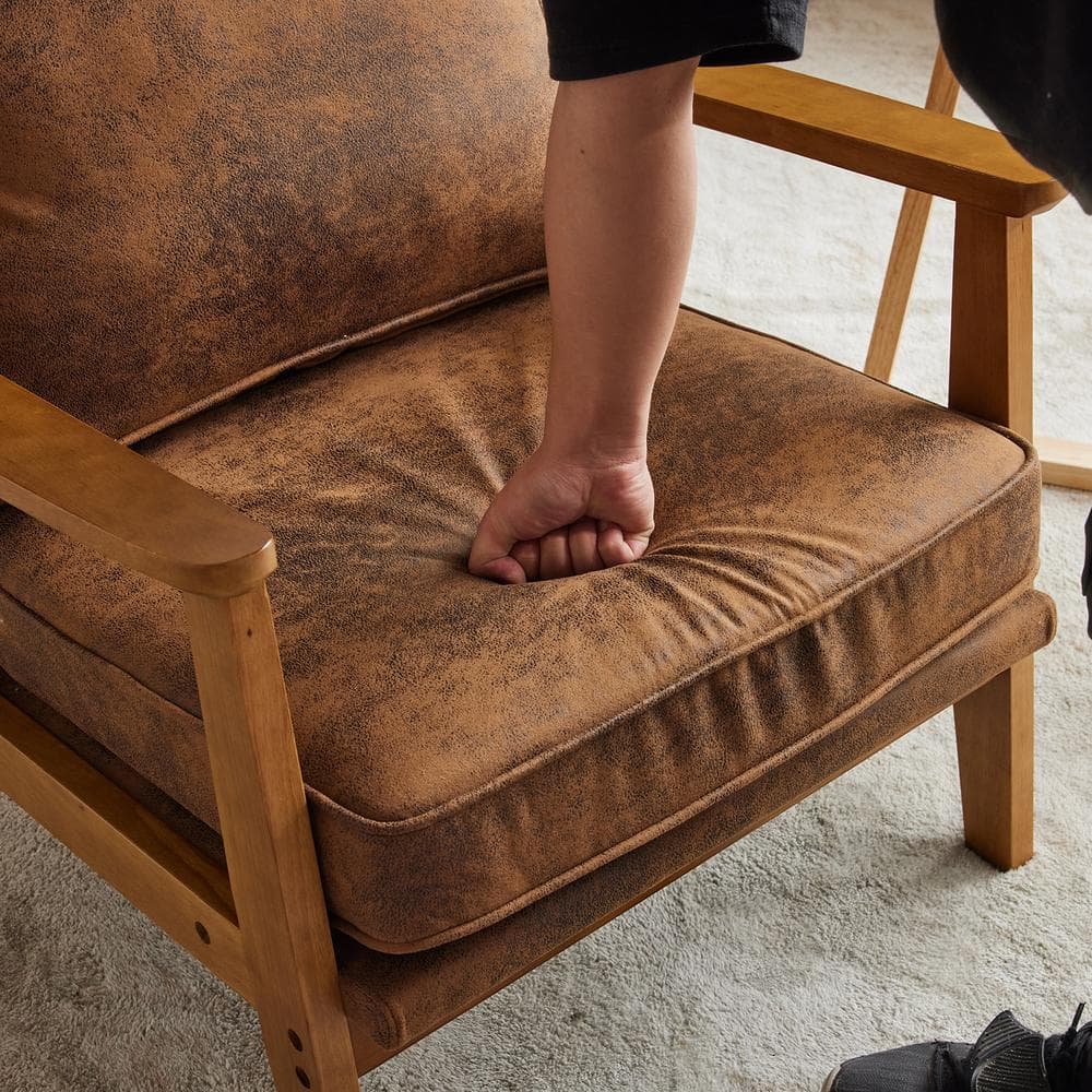 Brown Suede Wood Frame Mid-Century Modern Accent Chair