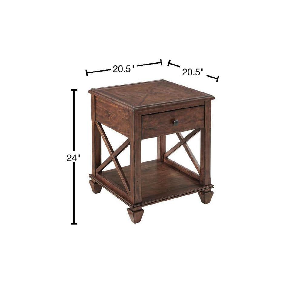Cherry Pine Wood Square End Table with Drawer and Shelf