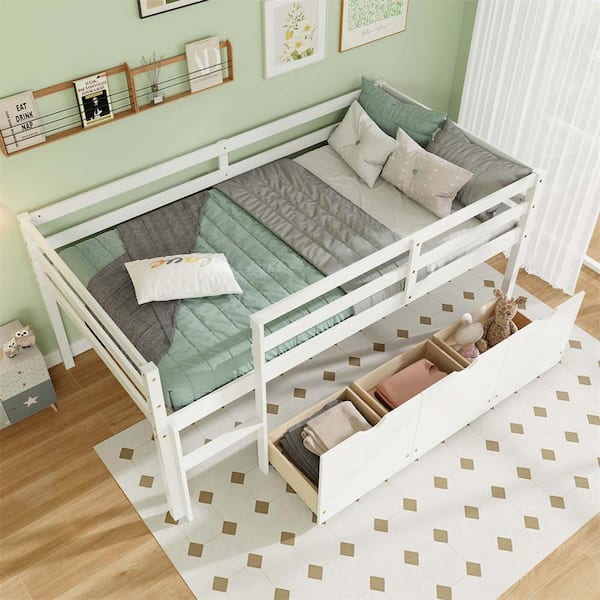 Costway White Twin Size Low Loft Bed with 3-Drawers Ladder and Full-Length Guardrails Storage