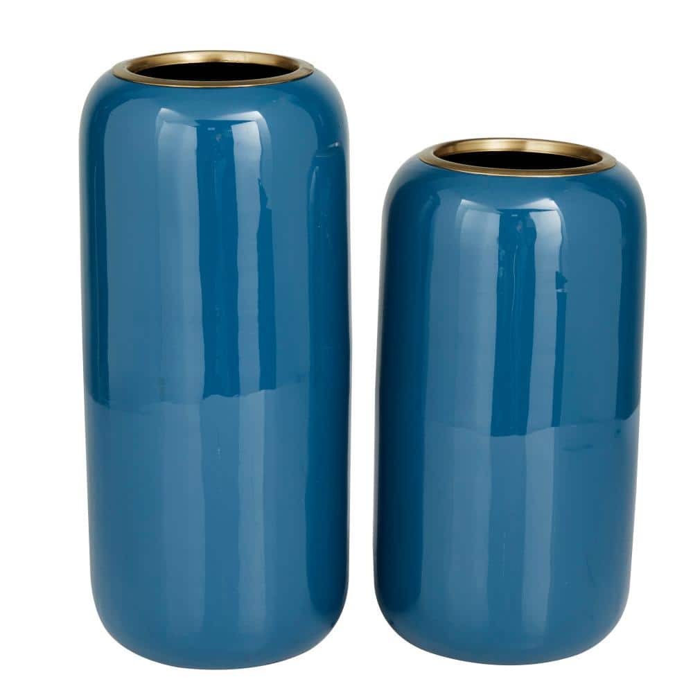 Blue Solid Polished Metal Round Vase Set of 2 - Modern Indoor Decor