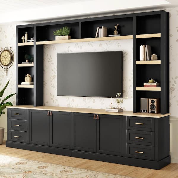 Black TV Stand 102.3 in Entertainment Center Fits TVs up to 75 in with Shelf, Bookshelves, 6 Drawers