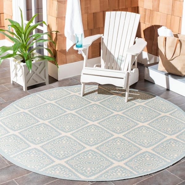 Linden Cream/Aqua 7 ft. x 7 ft. Geometric Floral Medallion Indoor/Outdoor Round Area Rug