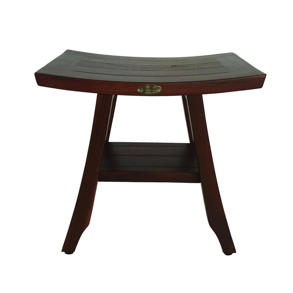 Compact Woodland Brown Teak Shower Bench with Storage Shelf