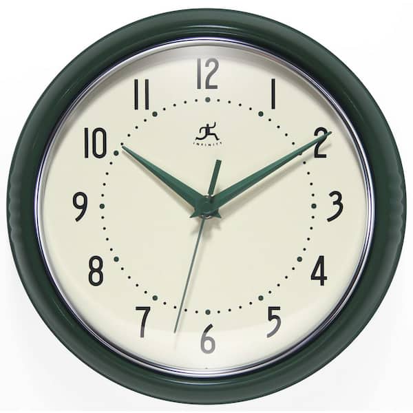 Infinity Instruments Retro Round Hunter Green Aluminum Wall Clock, 9.5 in.