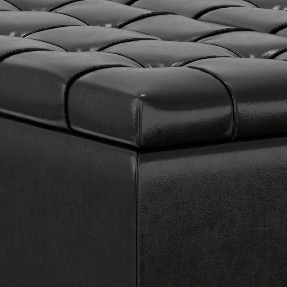 Midnight Black Tufted Faux Leather Storage Ottoman