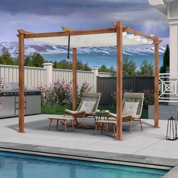 PURPLE LEAF 10 ft. x 10 ft. Natural Wood Grain Aluminum Pergola Gazebo with White Retractable Sunshade Canopy and Extra Top Roof