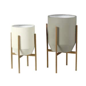 Round Gray and White Iron Planters and Gold Stand (2-Piece)