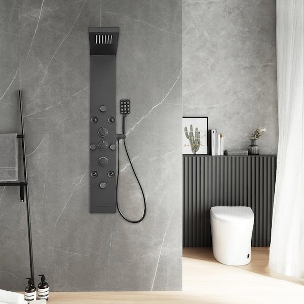 5-in-1, 8-Jet Shower Panel Tower System with Rainfall Waterfall Shower Head, and Massage Body Jets in Matte Black