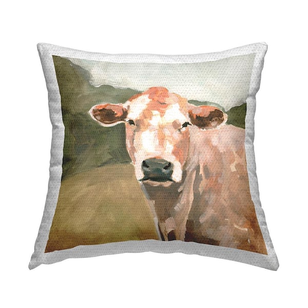 Stupell Industries Farmhouse Cattle Face Tan Square Outdoor Throw Pillow