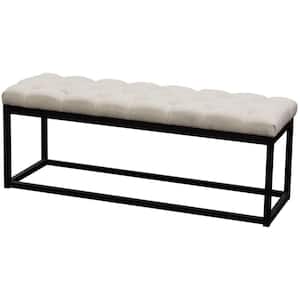48 in. L x 16 in. W x 19 in. H Beige and Black Linen Upholstered Metal Contemporary Bench with Diamond Tuft Details