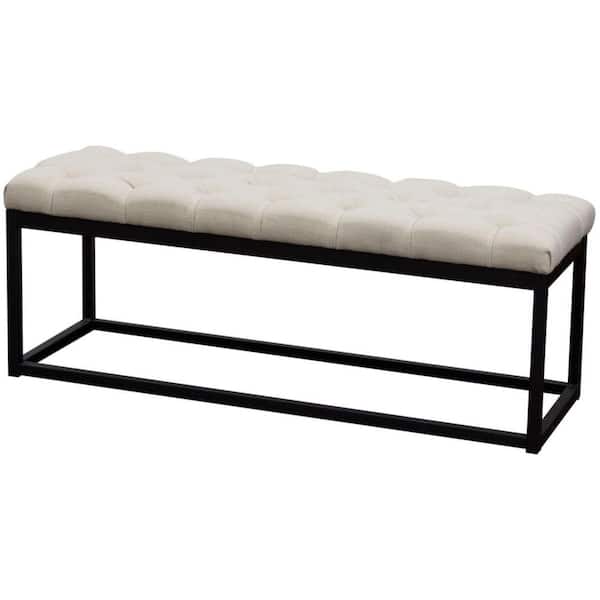 Benjara 48 in. L x 16 in. W x 19 in. H Beige and Black Linen Upholstered Metal Contemporary Bench with Diamond Tuft Details