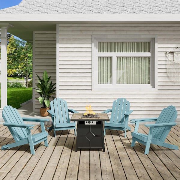 5-Piece HDPE Adirondack Chairs Conversation Set with Outdoor 28 in. Metal Square Patio Fire Pit Table