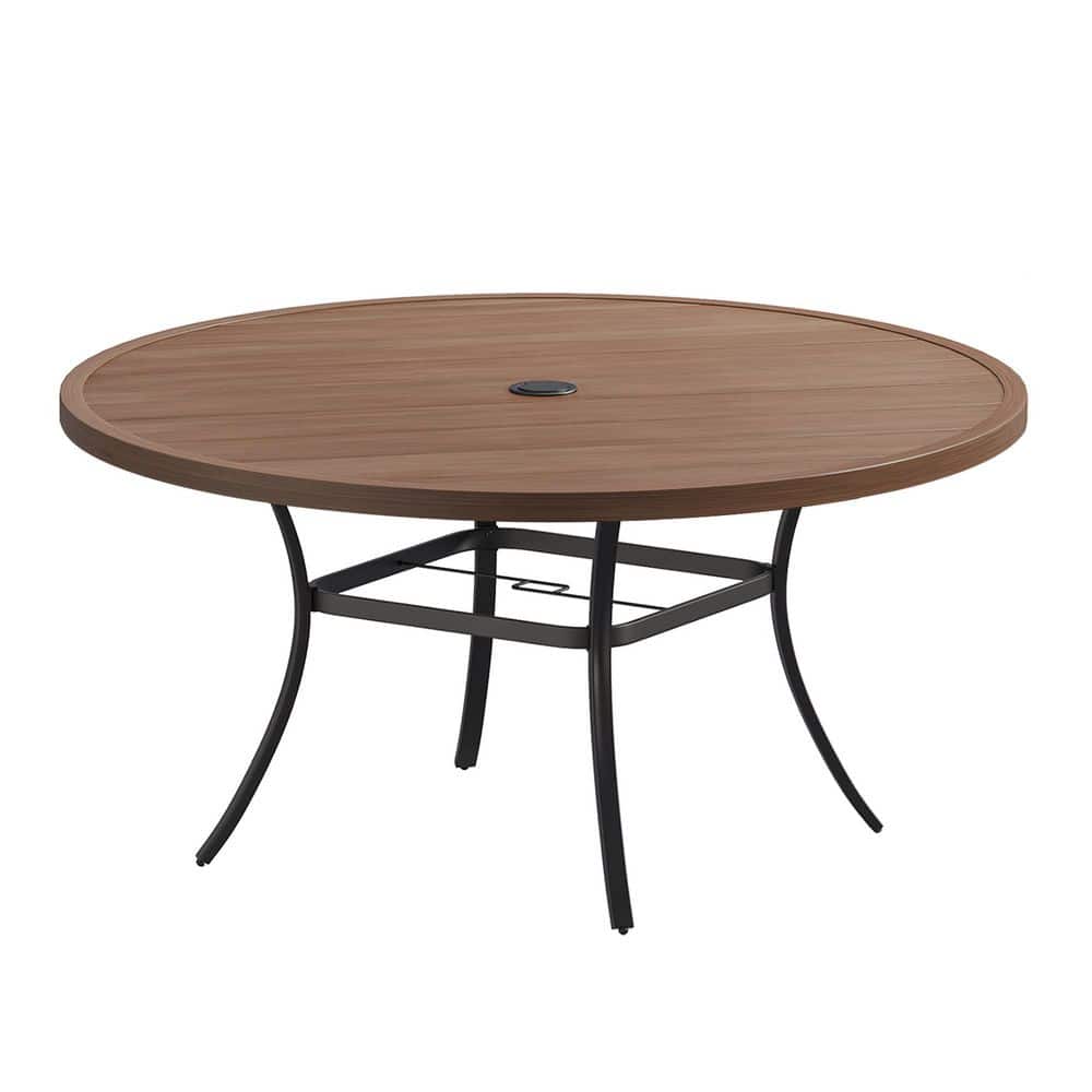 53 in. Walnut Round Metal Outdoor Dining Table for 6-8 with Adjustable Umbrella Hole and Slatted Top for Lawn, Patio price history on PriceWatchPro