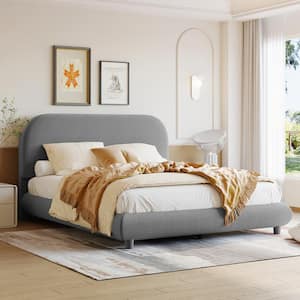 Beige Wood Frame Full Size Teddy Fleece Fabric Upholstered Platform Bed with Stylish Curve-Shaped Design