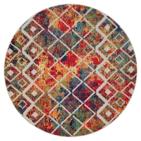 Unbranded Clyde Transitional Multi 5 ft. 3 in. Round Tribal Abstract High-Low Polypropylene Indoor/Outdoor Area Rug