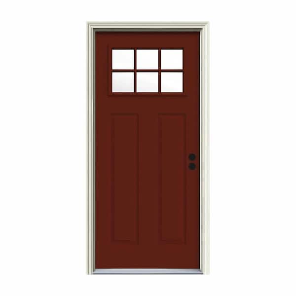JELD-WEN 32 in. x 80 in. 6 Lite Craftsman Mesa Red Painted Steel Prehung Left-Hand Inswing Front Door w/Brickmould