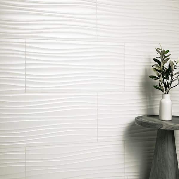 MSI Sapheda Riptide Satin White 3D Ceramic Wall Tile, 12 in. x 24