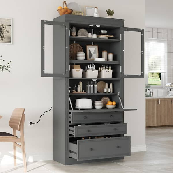 35 in. x 77 in. Engineered Wood Kitchen Pantry Cabinet with 3 Adjustable Shelves, 8 Door Shelves, 3 Drawers, Grey