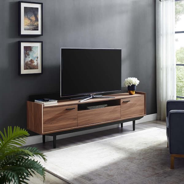 MODWAY Visionary 71 in. Walnut Wood TV Stand Fits TVs Up to 71 in. with Storage Doors
