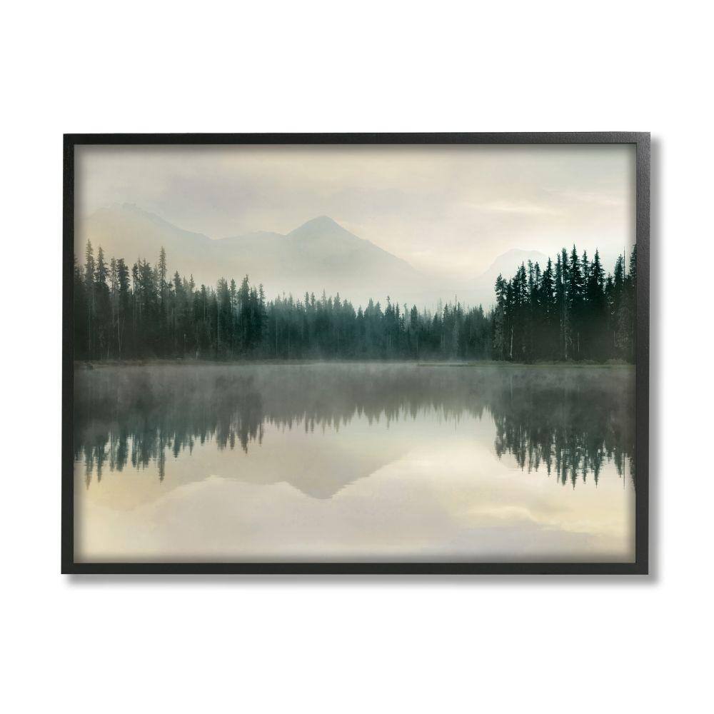 Foggy Lake Forest Landscape Black Framed Canvas Print