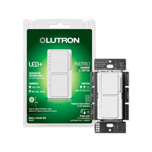 Lutron Maestro LED+ Dual Dimmer and Switch, 75-Watt LED Bulbs/2.5 Amp Fans, Single-Pole, White (MACL-L3S25H-WH)