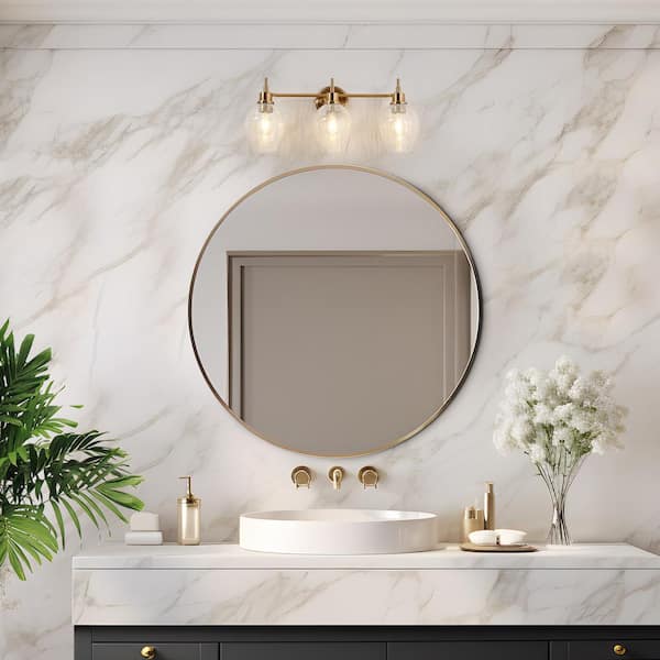 Modern 23.6 in. 3-Light Brass Bathroom Vanity Light with Crackle Oval Glass Shades Bedroom Wall Sconce LED Compatible
