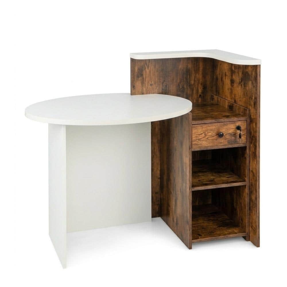 Front Reception Office Desk Oval Top Lockable Drawer 2 Tier Open Shelf 1 in. Engineered Wood L Corner Shelf