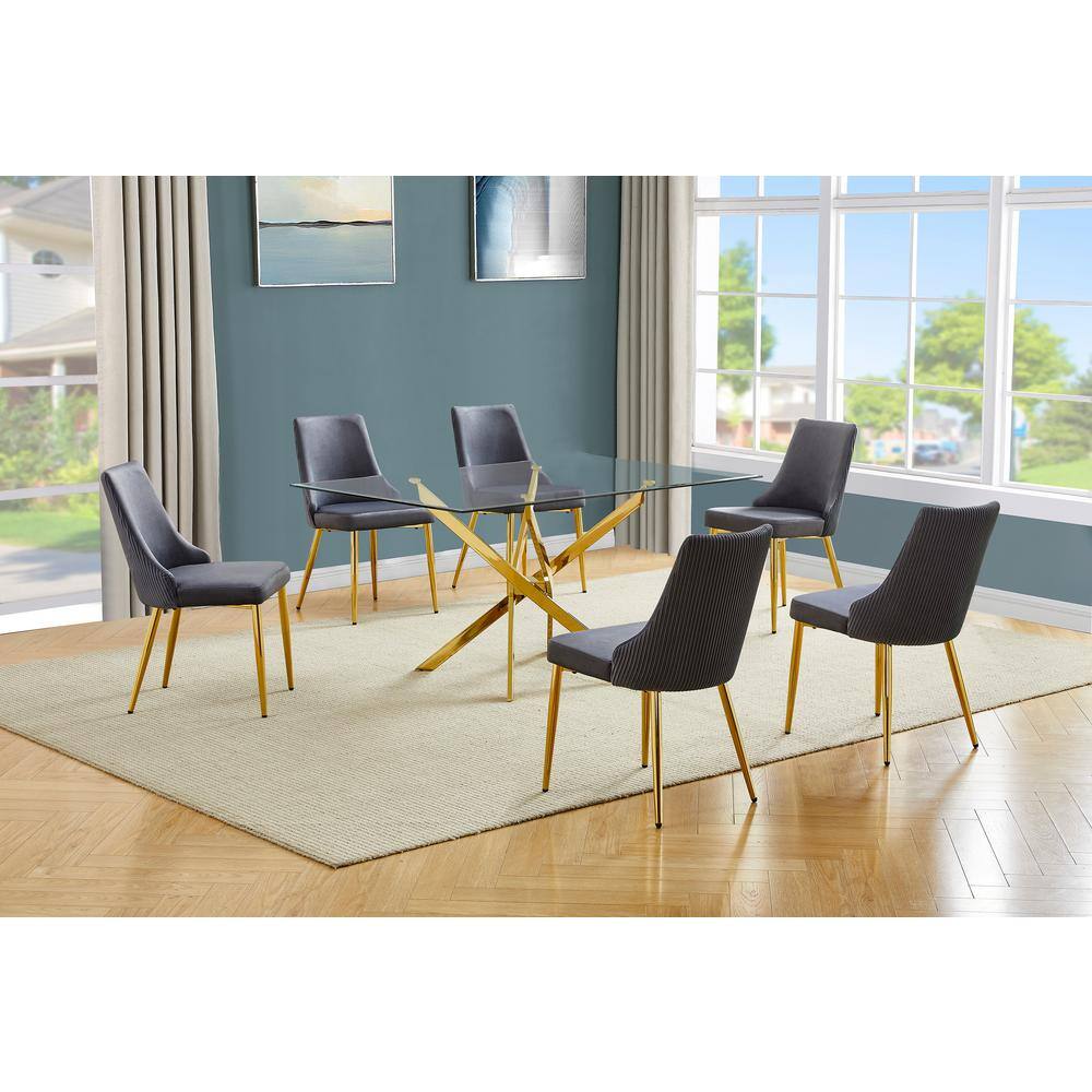 Olly 7-Piece Clear Glass Top Cross Leg Base Dining Set with 6 Dark Grey Gold Chrome Chairs price history on PriceWatchPro